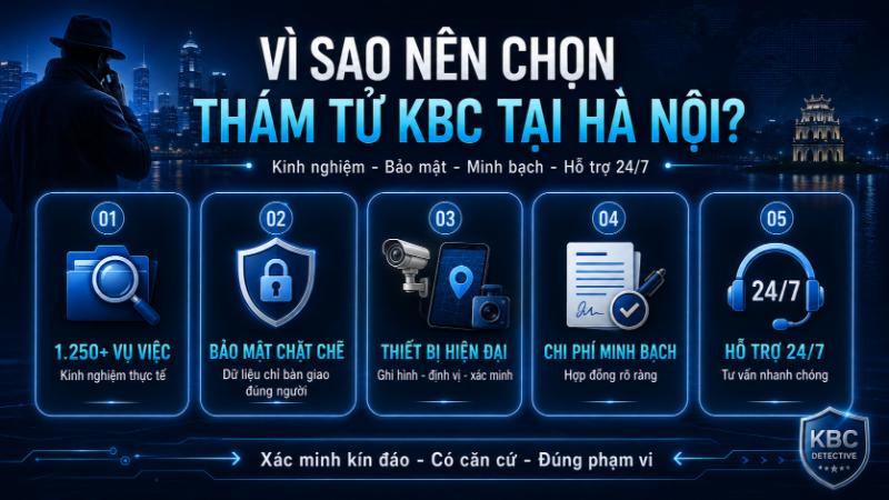 Thám tử KBC - Lựa chọn uy tín với kinh nghiệm xử lý hơn 1.250 vụ việc, cam kết bảo mật tuyệt đối tại Hà Nội.