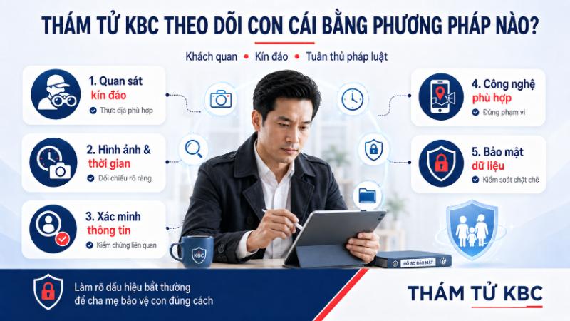 Dịch vụ thám tử quản lý giám sát con cái uy tín, chuyên nghiệp 2026 5 Đội ngũ thám tử áp dụng các biện pháp nghiệp vụ thực địa kín đáo, đảm bảo thu thập thông tin chính xác mà không làm xáo trộn tâm lý của trẻ.