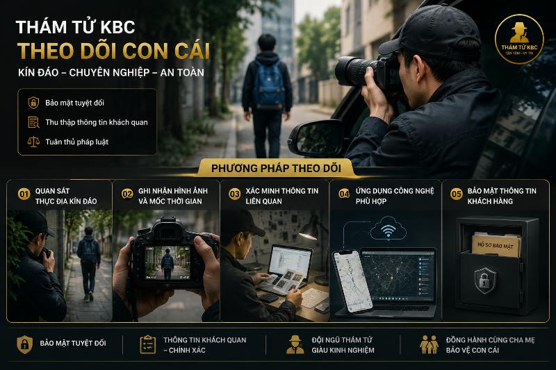 Dịch vụ thám tử quản lý giám sát con cái uy tín, chuyên nghiệp 2026 7 Thám Tử KBC cam kết mang đến dịch vụ giám sát con cái uy tín, kín đáo, bảo mật tuyệt đối thông tin và tuân thủ đúng quy định pháp luật.