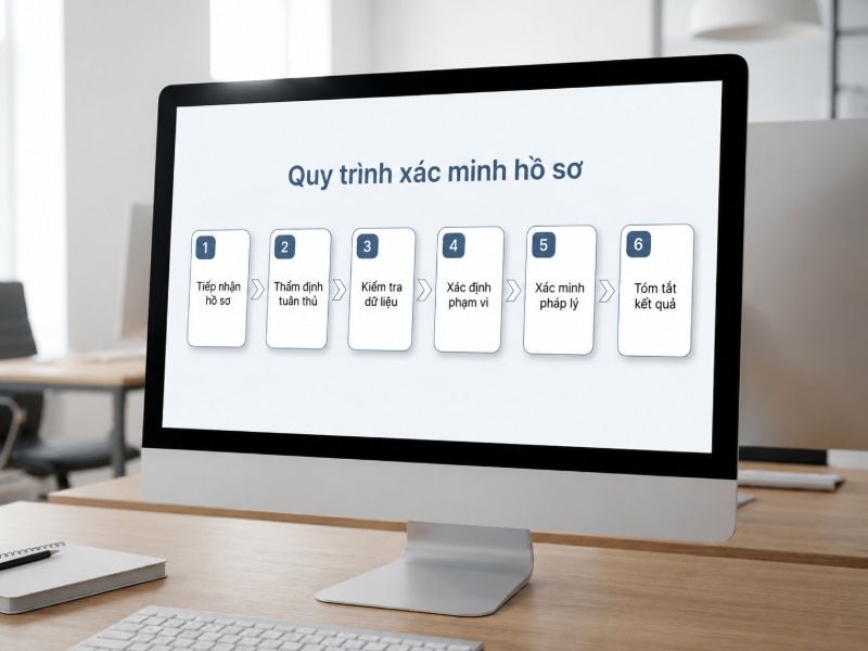 Sơ đồ 6 bước xử lý hồ sơ chặt chẽ từ khâu rà soát tính hợp pháp đến triển khai và tổng hợp kết quả.