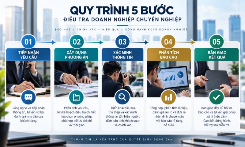Điều Tra Doanh Nghiệp | Thám Tử Điều Tra Doanh Nghiệp Uy Tín 3 Quy trình điều tra 5 bước chuyên nghiệp, minh bạch và bảo mật tuyệt đối tại Thám Tử KBC.