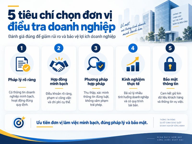 Điều Tra Doanh Nghiệp | Thám Tử Điều Tra Doanh Nghiệp Uy Tín 5 Pháp lý minh bạch, phương pháp hợp pháp và cam kết bảo mật là những tiêu chí cốt lõi khi chọn đơn vị thám tử.