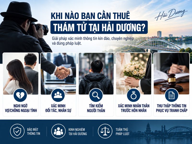 Dịch vụ thám tử Hải Dương giúp bạn xác minh thông tin kín đáo và khách quan trong nhiều trường hợp phức tạp khác nhau.