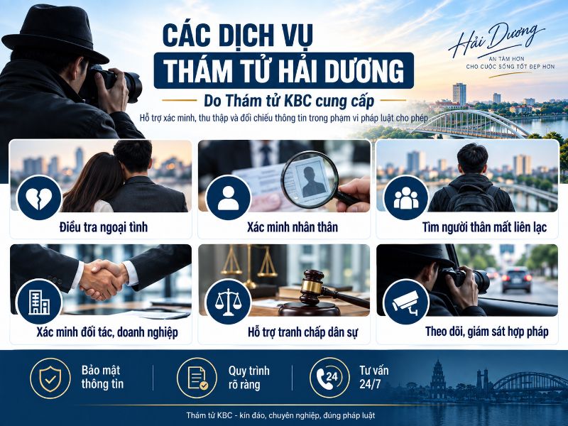 Thám tử KBC cung cấp đa dạng các dịch vụ điều tra, từ theo dõi ngoại tình, giám sát con cái đến điều tra doanh nghiệp.