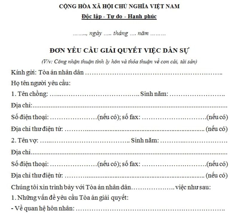 Mẫu đơn ly hôn thuận tình 2026 và hướng dẫn cách điền đúng 2 Các thông tin về vợ chồng, con chung và tài sản cần được kê khai rõ ràng trong đơn.