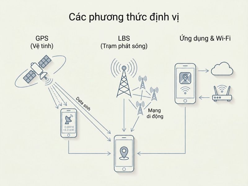 Dịch vụ định vị số điện thoại Viettel VinaPhone Mobifone 2 Sơ đồ so sánh sóng GPS, trạm BTS nhà mạng và ứng dụng khi xác định vị trí thuê bao thực tế.