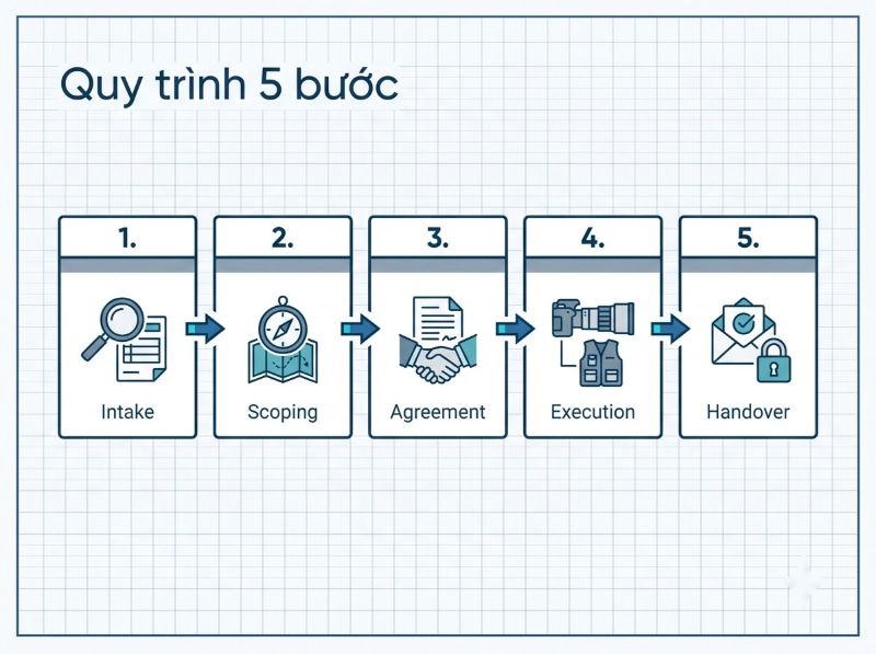 Quy trình 5 bước làm việc minh bạch từ tiếp nhận yêu cầu, thống nhất phương án đến bàn giao kết quả.