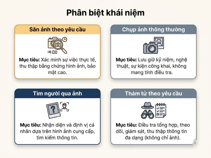 Sơ đồ phân biệt săn ảnh xác minh thực tế với chụp ảnh thông thường và dịch vụ tìm kiếm người qua ảnh.